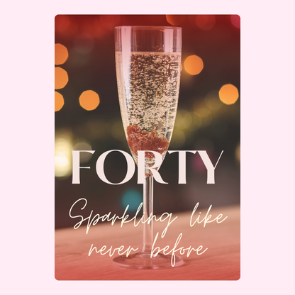 elegant 40th birthday card with champagne flute and warm bokeh lights background