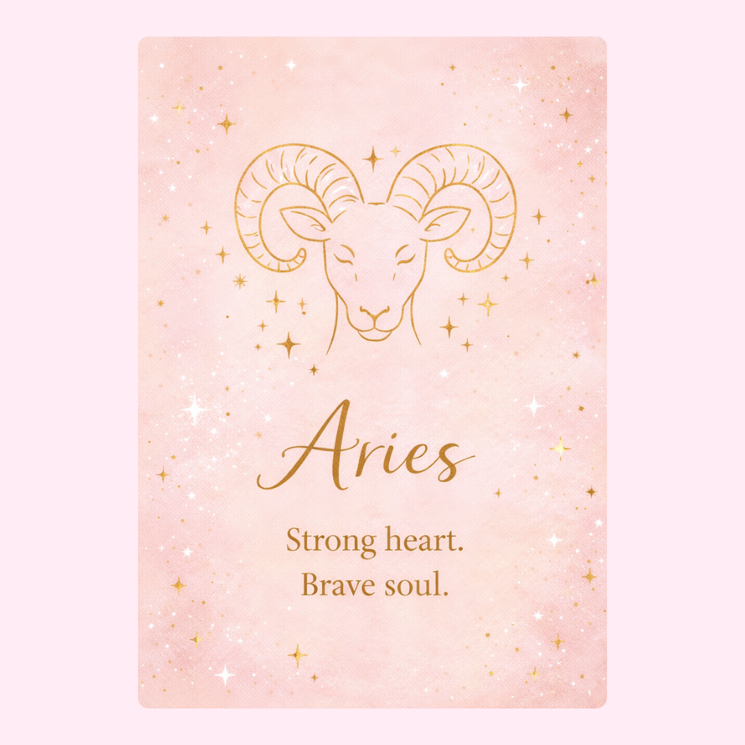 Elegant pink Aries zodiac birthday card with ram illustration and inspirational quote design