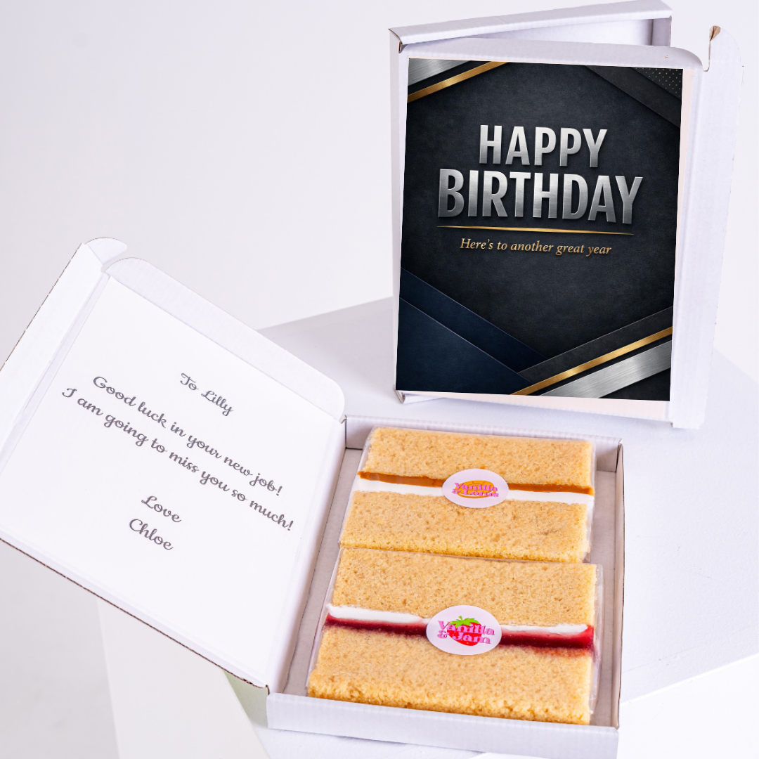 Elegant happy birthday card with cake gift box