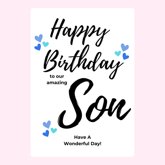 elegant happy birthday son card with handwritten style text and blue hearts