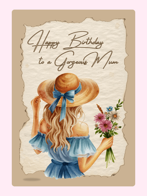 happy birthday mum card with woman in hat holding flowers illustration