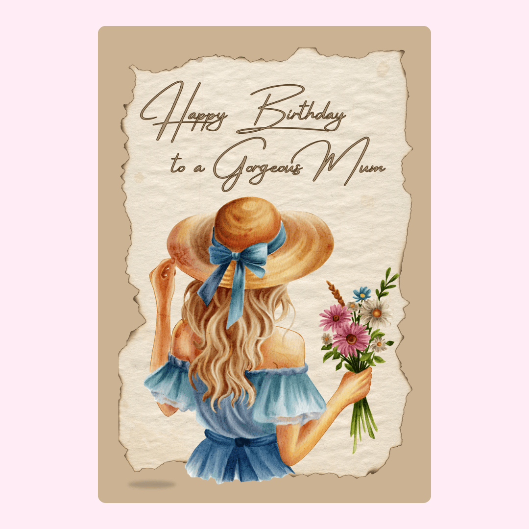 happy birthday mum card with woman in hat holding flowers illustration