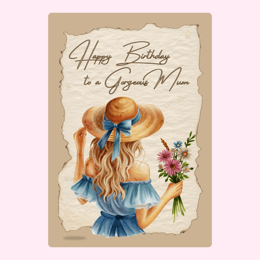 happy birthday mum card with woman in hat holding flowers illustration
