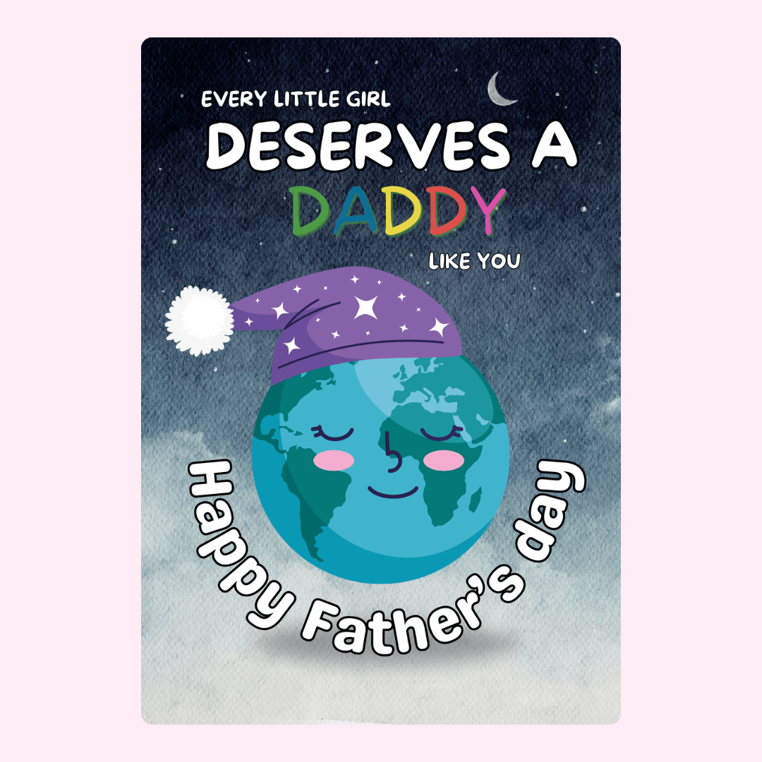 Heartfelt Father's Day card with colourful Daddy message, moonlit sky and cute globe character wearing a nightcap