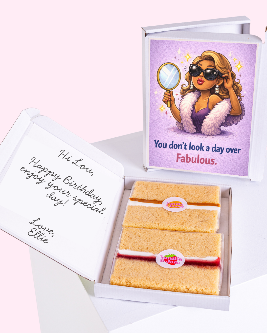 Birthday cake slice gift box with glamorous fabulous birthday card and personalised message inside