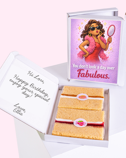 Birthday cake slice gift box with fabulous birthday card featuring glamorous woman and personalised message inside