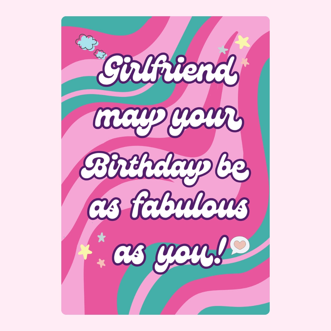 Pink and teal birthday card for girlfriend with retro swirl design and birthday message