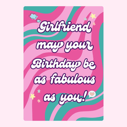 Pink and teal birthday card for girlfriend with retro swirl design and birthday message