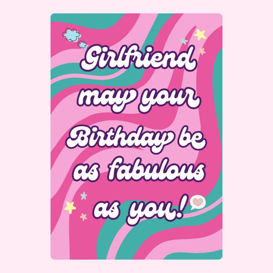 Pink and teal birthday card for girlfriend with retro swirl design and birthday message