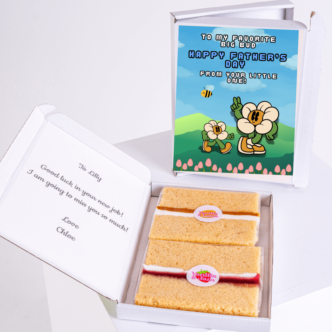 Father's Day cake card gift box featuring smiling flower characters with 'To My Favourite Big Bud' message