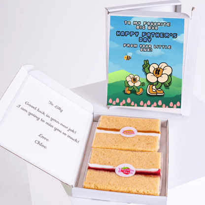 Father's Day cake card gift box featuring smiling flower characters with 'To My Favourite Big Bud' message