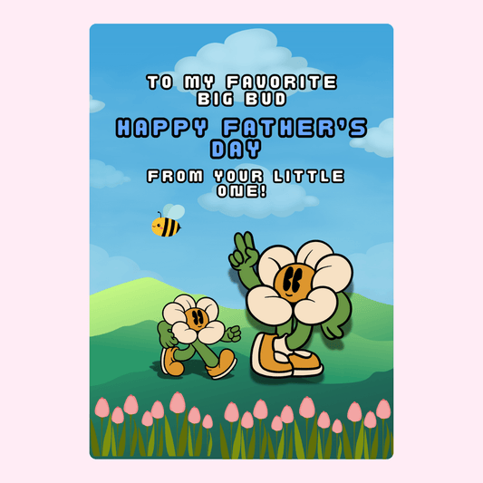 Cute Father's Day card with parent and child flower characters, bee illustration and heartfelt message from your little one