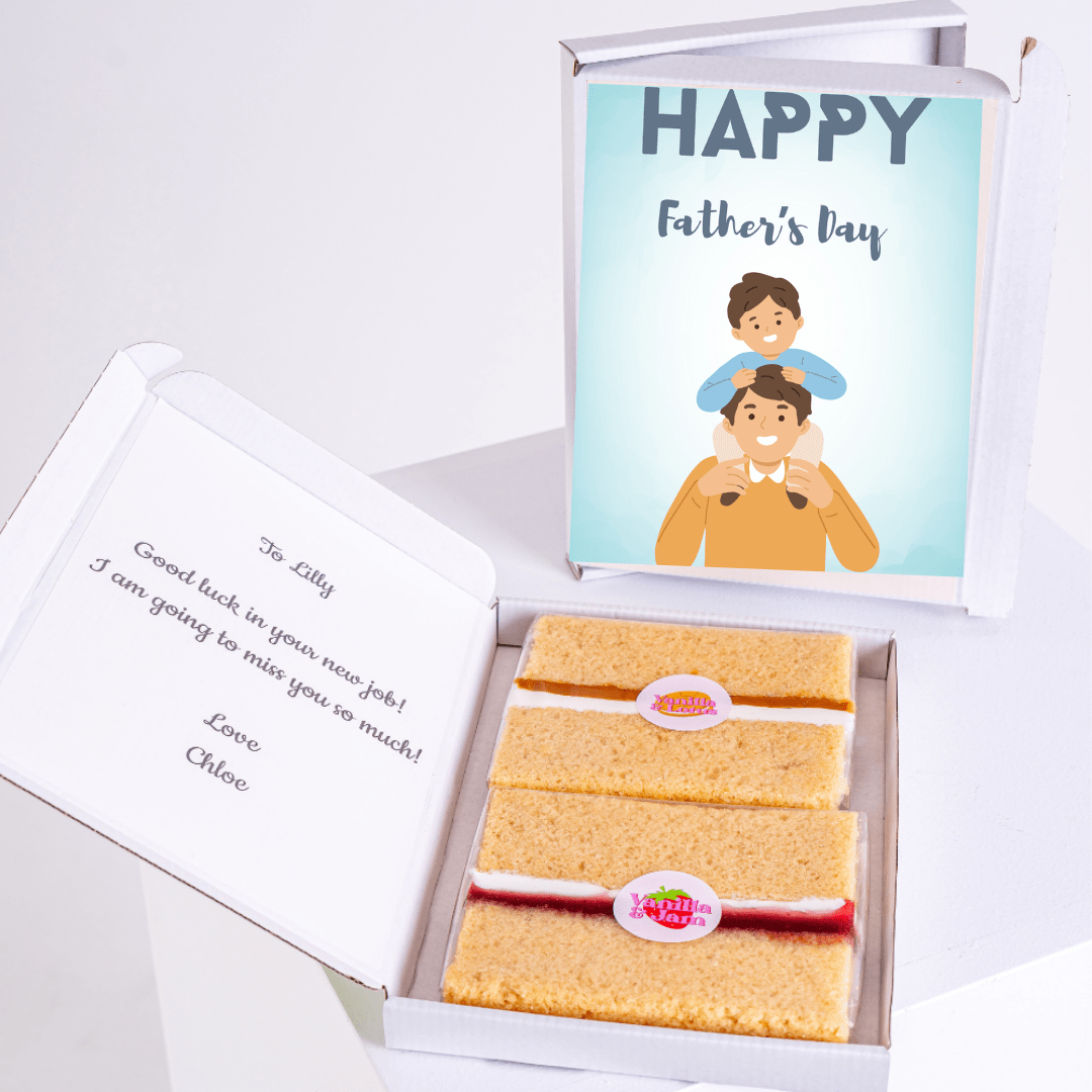 Father’s Day cake card gift box featuring father and son illustration