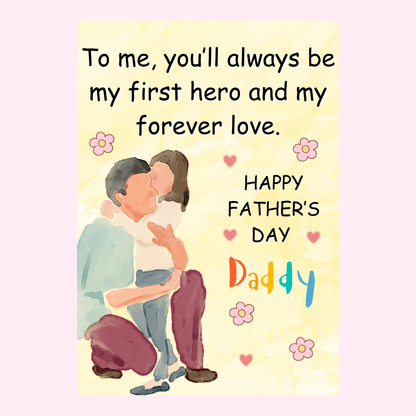 Father’s Day card design with daddy and daughter illustration and loving message