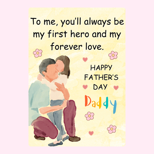 Father’s Day card design with daddy and daughter illustration and loving message