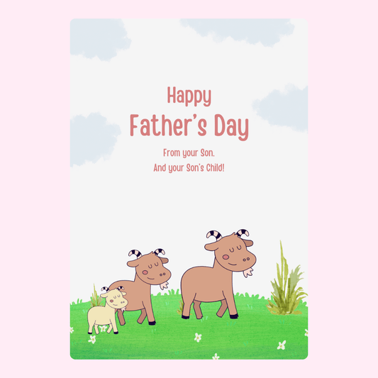 Father’s Day card from son and grandchild with family goat illustration