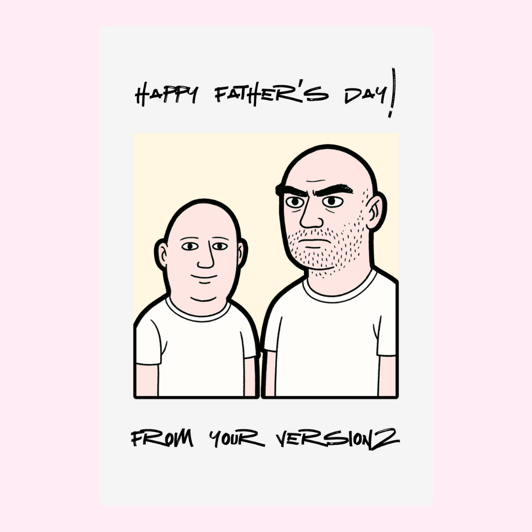 Funny Father’s Day card design featuring dad and his version two illustration