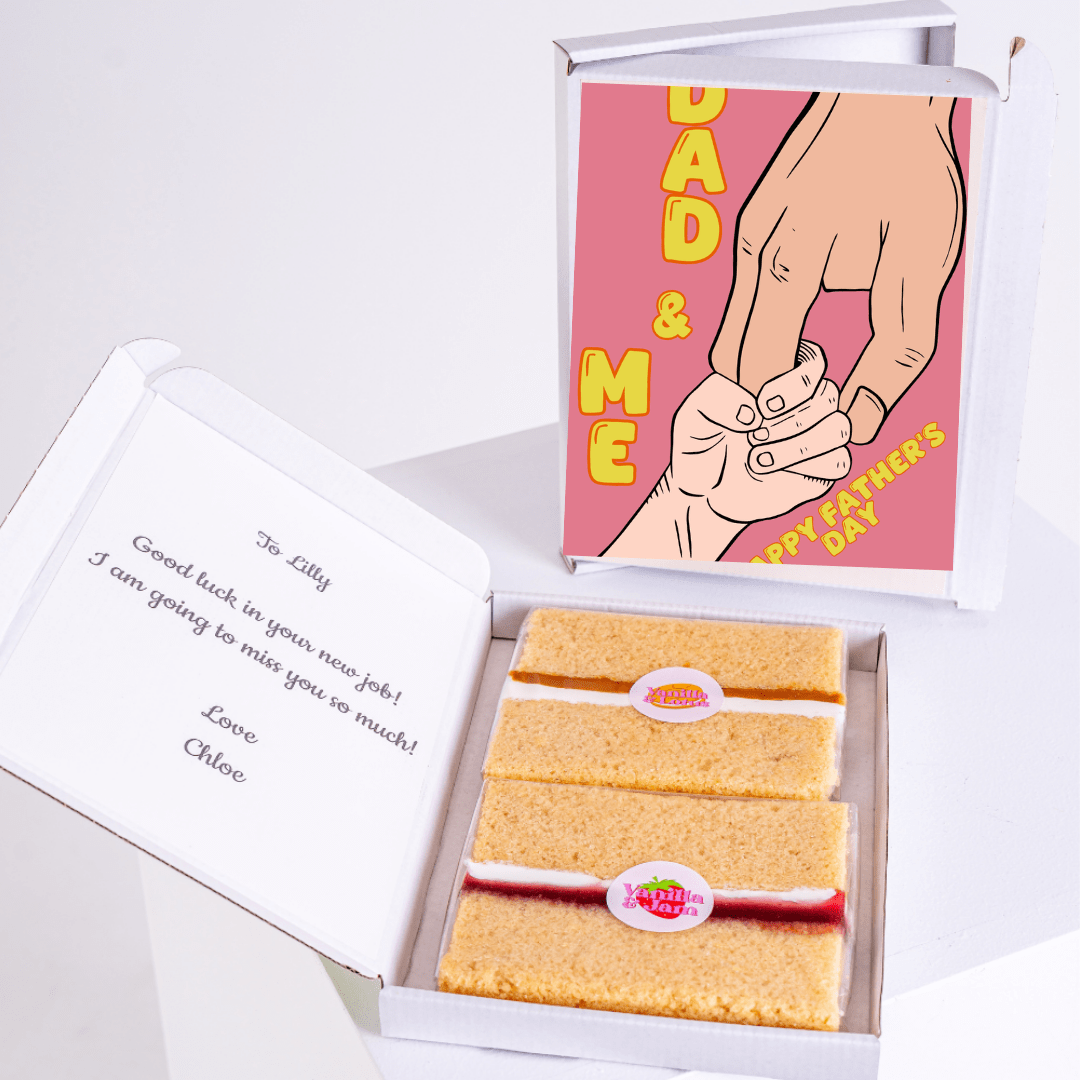Father's Day cake card gift box featuring parent and child holding hands with 'Dad & Me' design