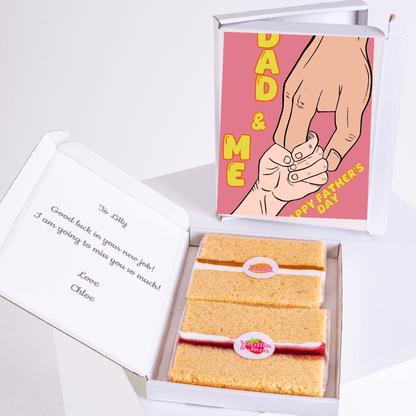 Father's Day cake card gift box featuring parent and child holding hands with 'Dad & Me' design