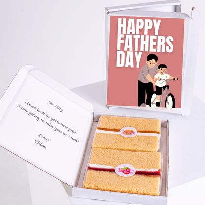 Father’s Day gift box with father teaching son to ride a bike cake card