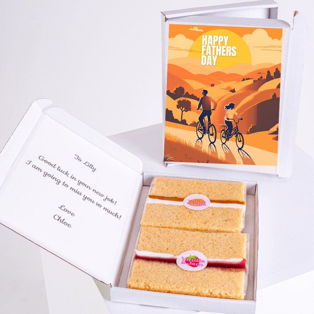 Father’s Day gift box with cycling-themed cake card and cake slices