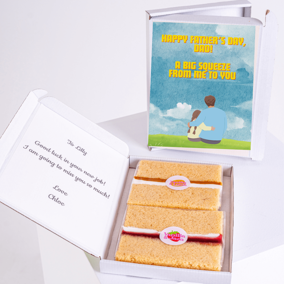 Father’s Day gift box for Dad with cake card and cake slices
