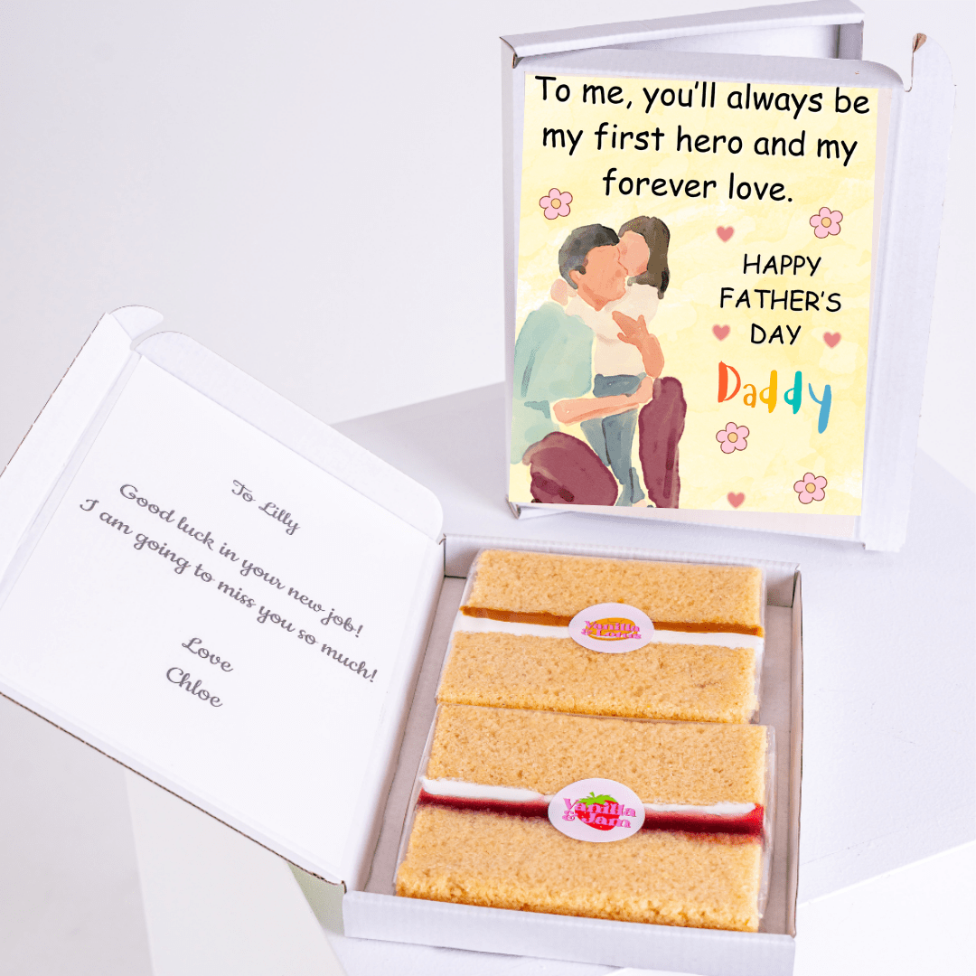 Father’s Day gift box with heartfelt daddy cake card and cake slices
