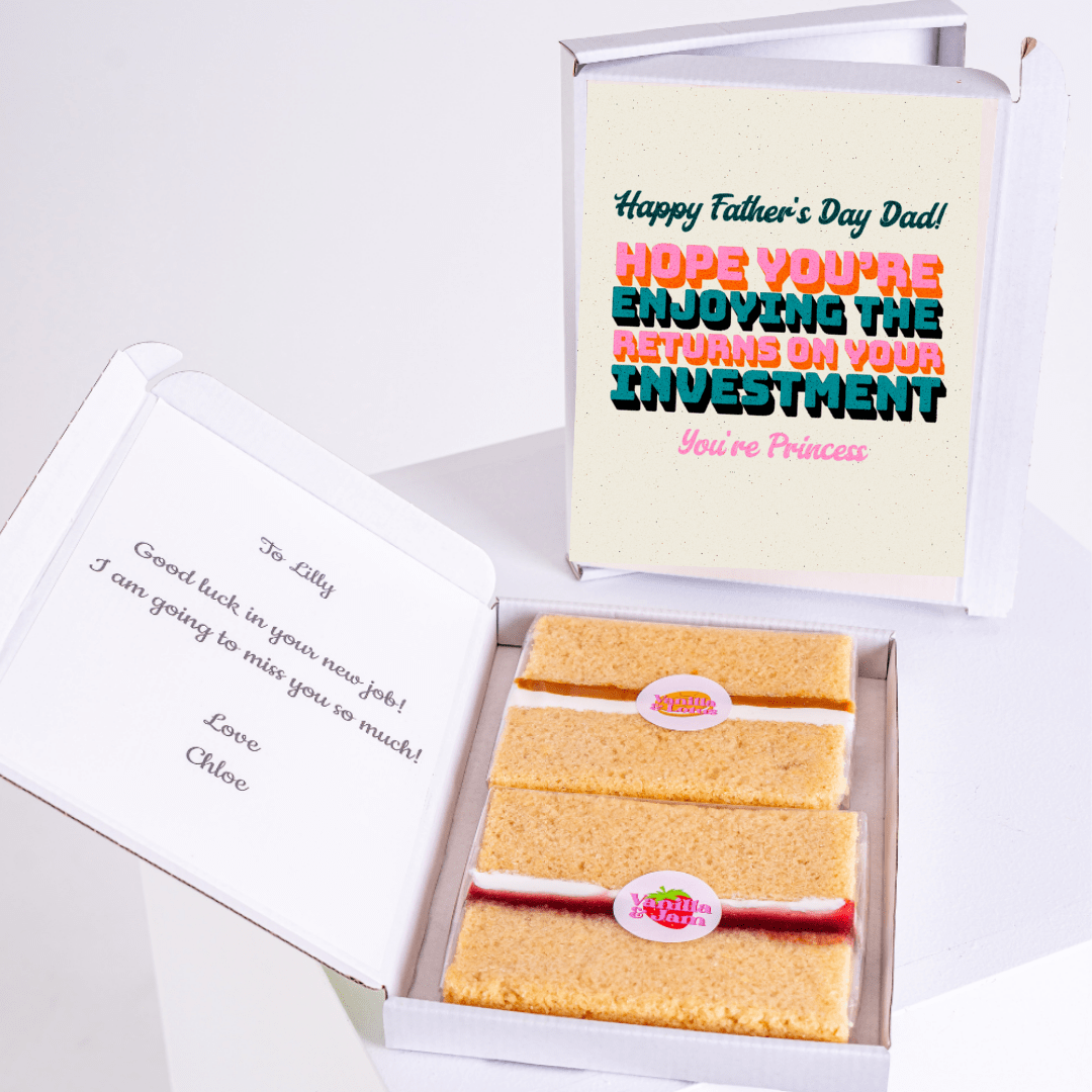 Father’s Day gift box with funny investment cake card and cake slices