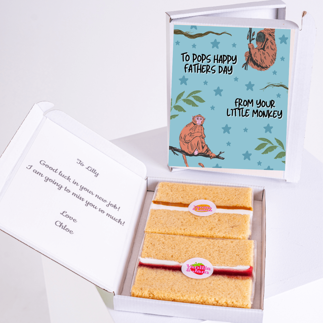 Father’s Day gift box with little monkey cake card and cake slices