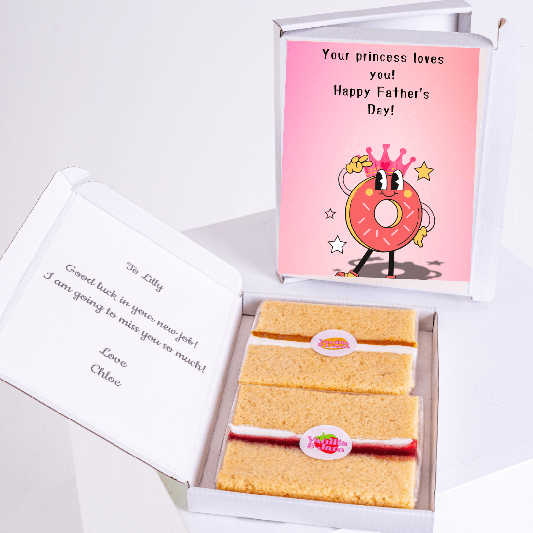 Father’s Day gift box with princess-themed cake card and cake slices