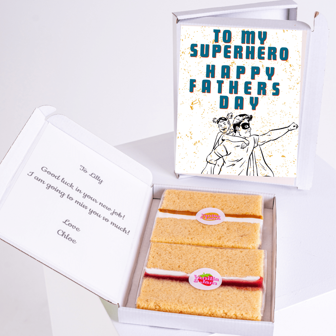 Father’s Day gift box with superhero cake card and cake slices