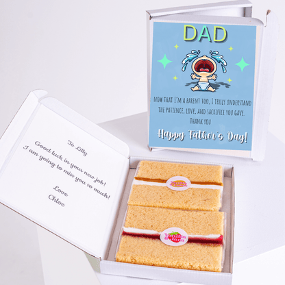 Father’s Day gift box with thank you dad cake card and cake slices