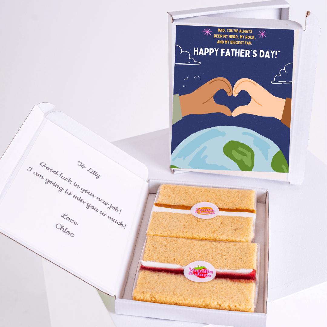 Father's Day cake card gift box featuring hands forming a heart above the Earth with a heartfelt message for Dad