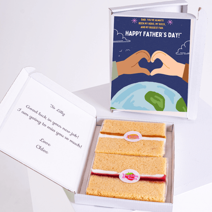 Father's Day cake card gift box featuring hands forming a heart above the Earth with a heartfelt message for Dad