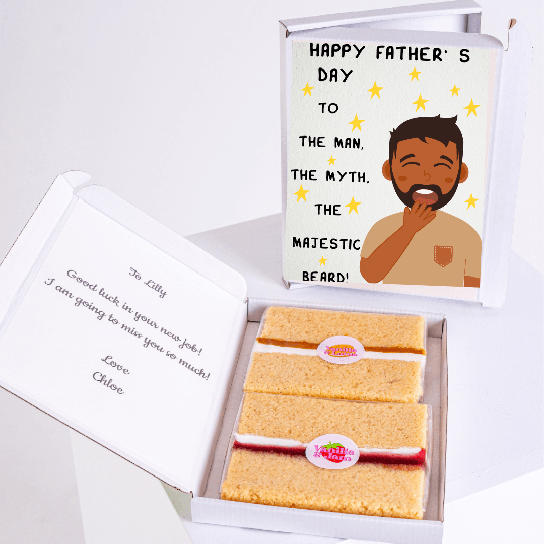 Father's Day cake card gift box featuring a smiling bearded dad with stars and the message "The Man, The Myth, The Majestic Beard"