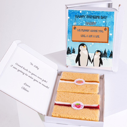 Father's Day cake card gift box featuring adorable penguin parent and child in a snowy winter scene with loving message