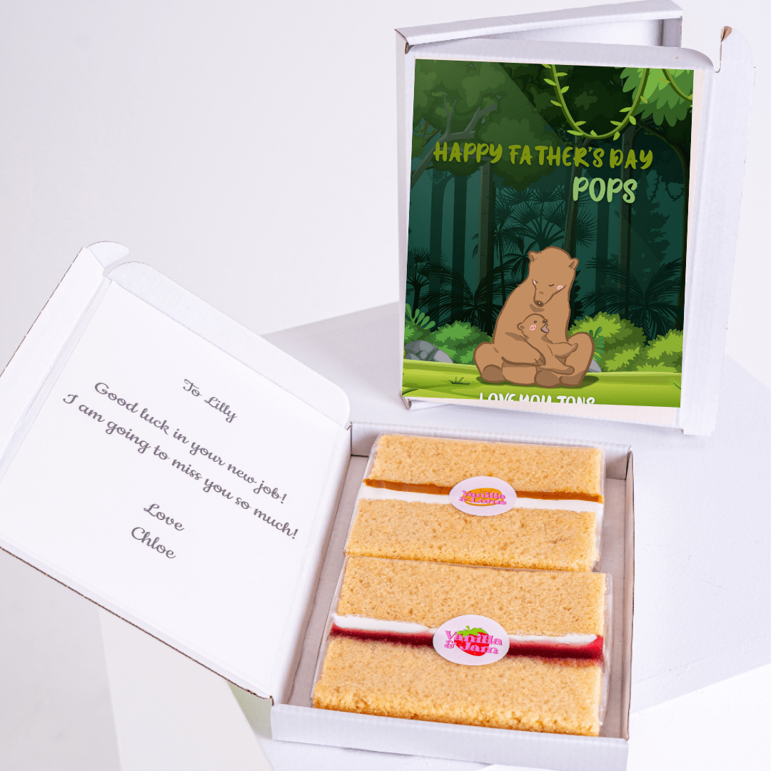 Father's Day cake card gift box featuring papa bear cuddling baby bear in a woodland scene with loving message