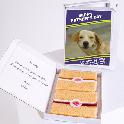 Father's Day cake card gift box featuring a smiling dog photo and a heartfelt message about feeling safe, warm and loved