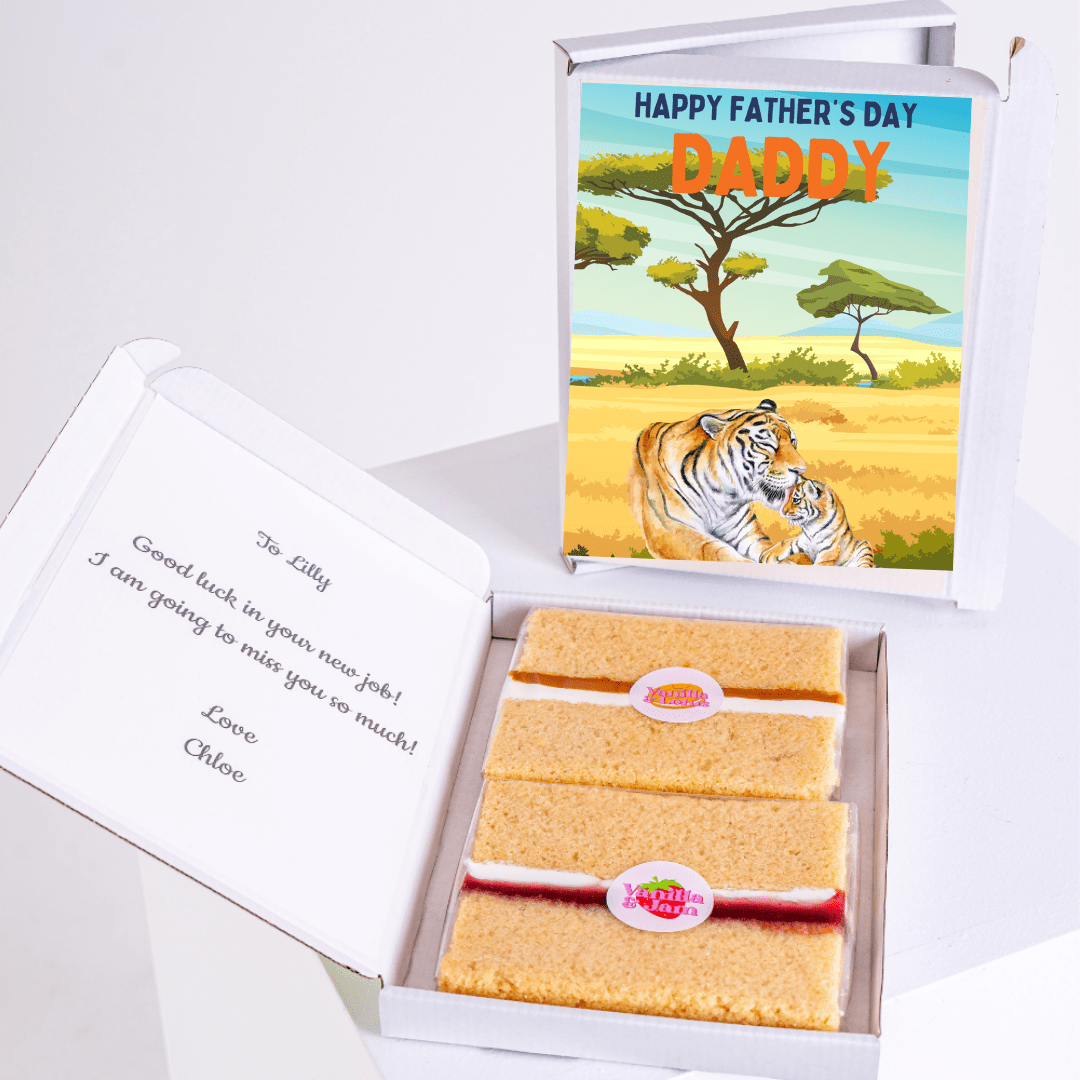 Father's Day cake card gift box featuring a tiger and cub in a safari landscape with a Happy Father's Day Daddy design