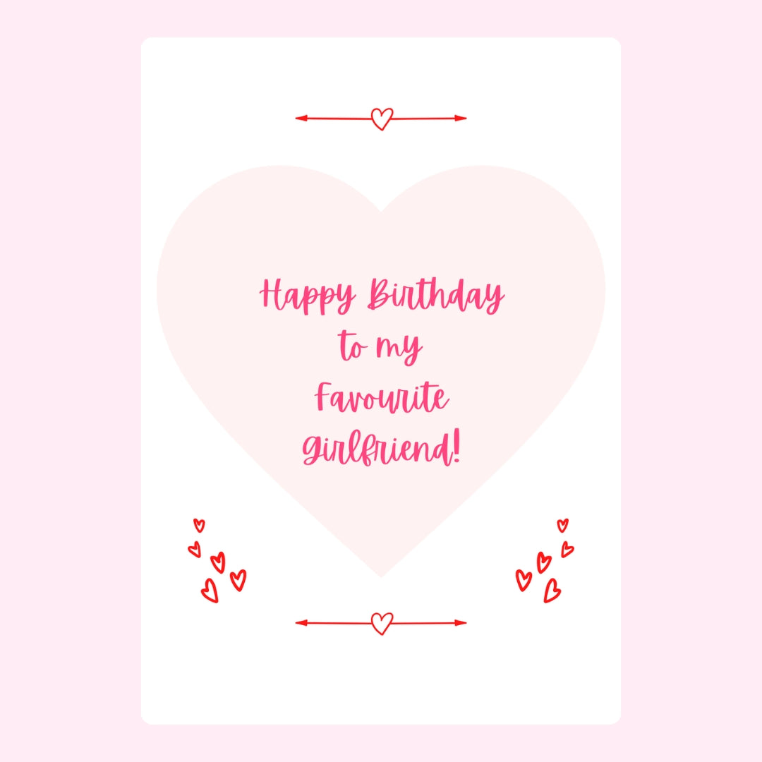 Pink heart birthday card for favorite girlfriend with cute red heart details