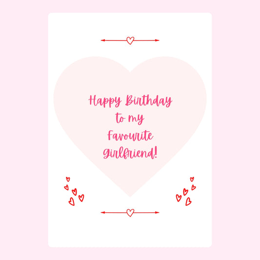 Pink heart birthday card for favorite girlfriend with cute red heart details