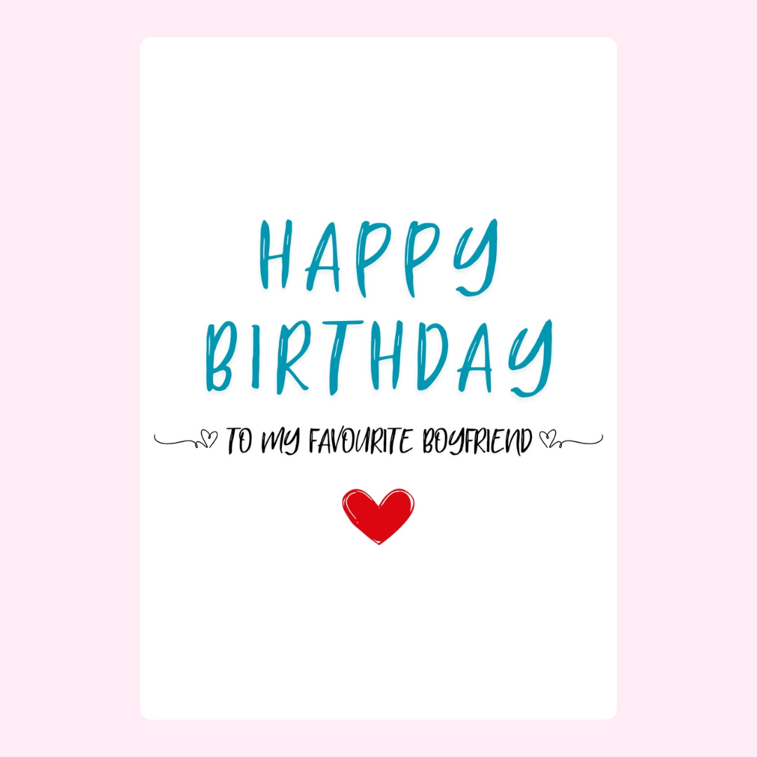Minimal birthday card for favorite boyfriend with blue lettering and heart