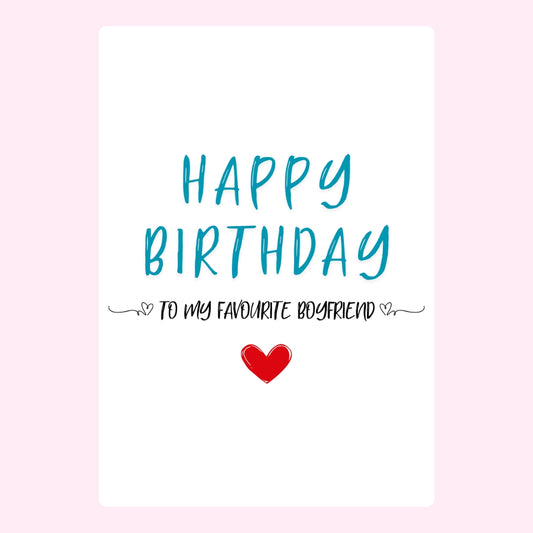 Minimal birthday card for favorite boyfriend with blue lettering and heart
