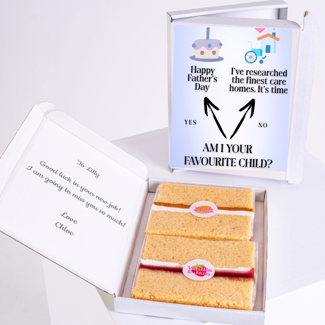 Humorous Father’s Day cake card featuring favourite child joke with care home choice design for Dad