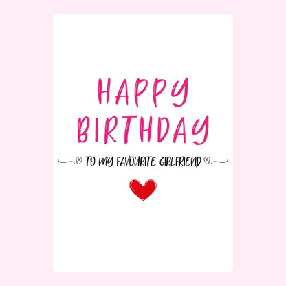 Simple happy birthday card for favorite girlfriend with pink text and red heart