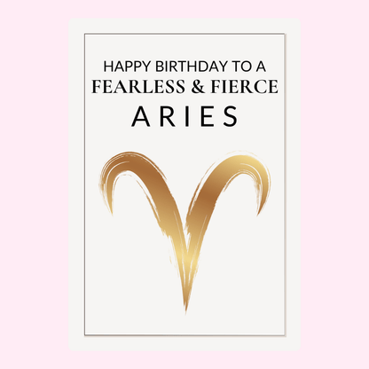 Minimalist Aries birthday card with gold Aries zodiac symbol and bold black typography on neutral background