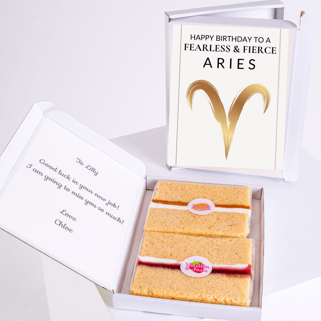 Elegant Aries birthday cake gift box with gold zodiac symbol and minimalist fearless Aries typography design