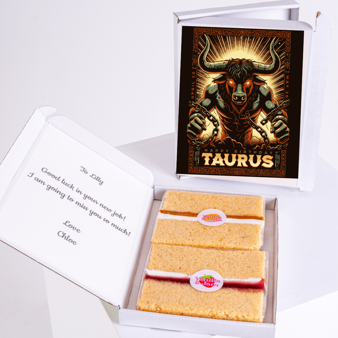 Taurus birthday cake gift box with fierce bull artwork