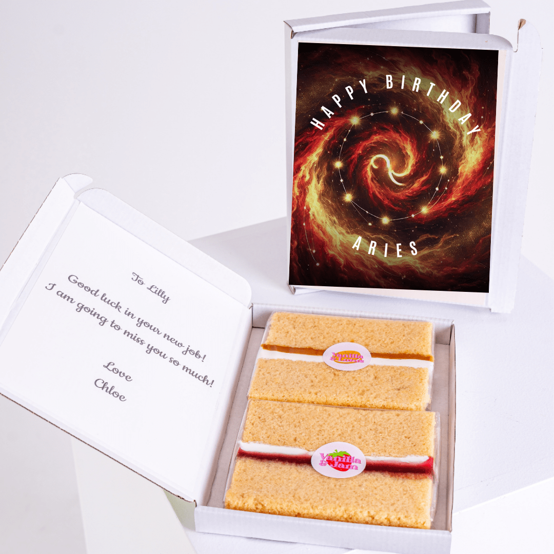 Aries birthday cake gift box with fiery cosmic galaxy swirl and zodiac constellation artwork