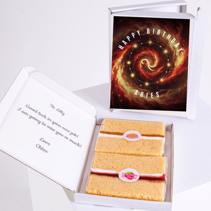 Aries birthday cake gift box with fiery cosmic galaxy swirl and zodiac constellation artwork